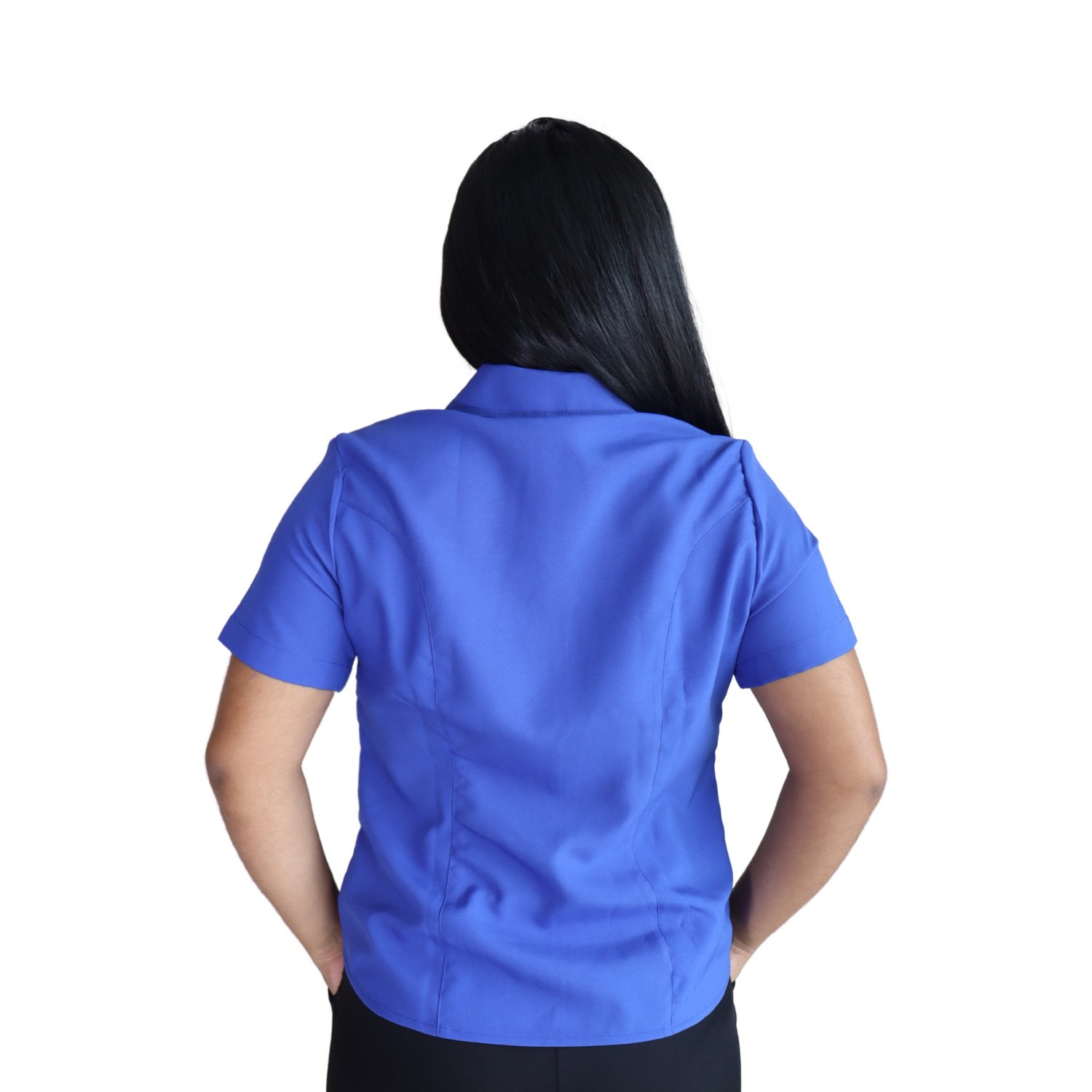 000003 Camisa feminina social clássica manga curta oxfordine azul royal - Imagem 3