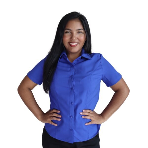 Camisa feminina social clássica manga curta oxfordine azul royal