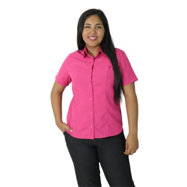 Camisa feminina social clássica manga curta oxfordine rosa choque