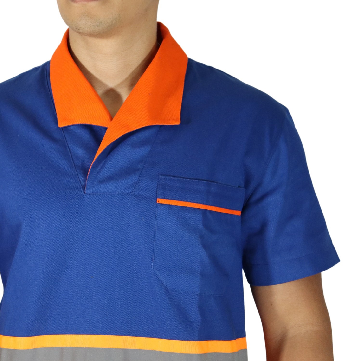 00001 Camisa masculina de serviço manga curta com bolso brim azul royal e laranja - Imagem 4