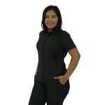 Camisa feminina social clássica manga curta oxfordine preto - Imagem 2