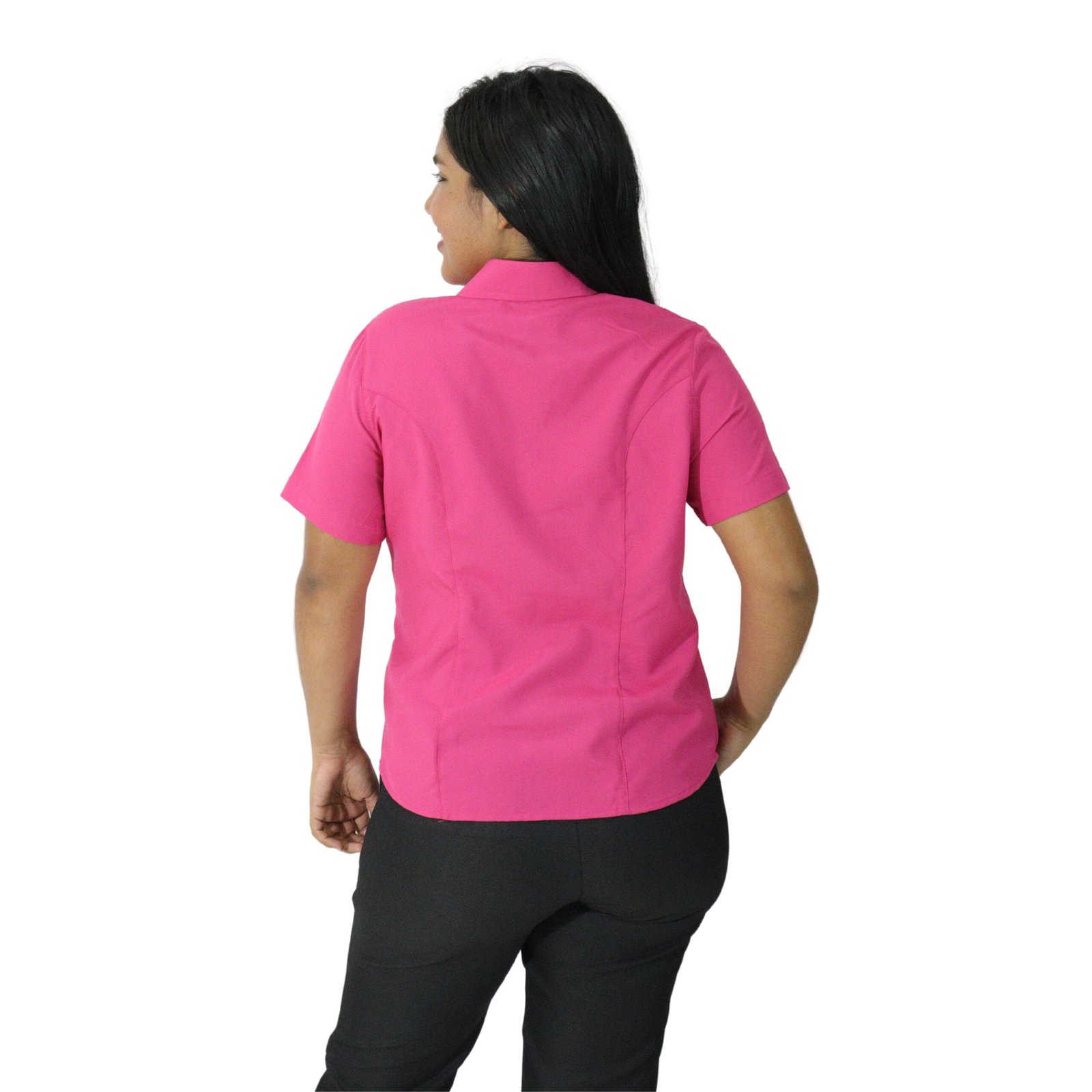 00003 Camisa feminina social clássica manga curta oxfordine rosa choque - Imagem 3