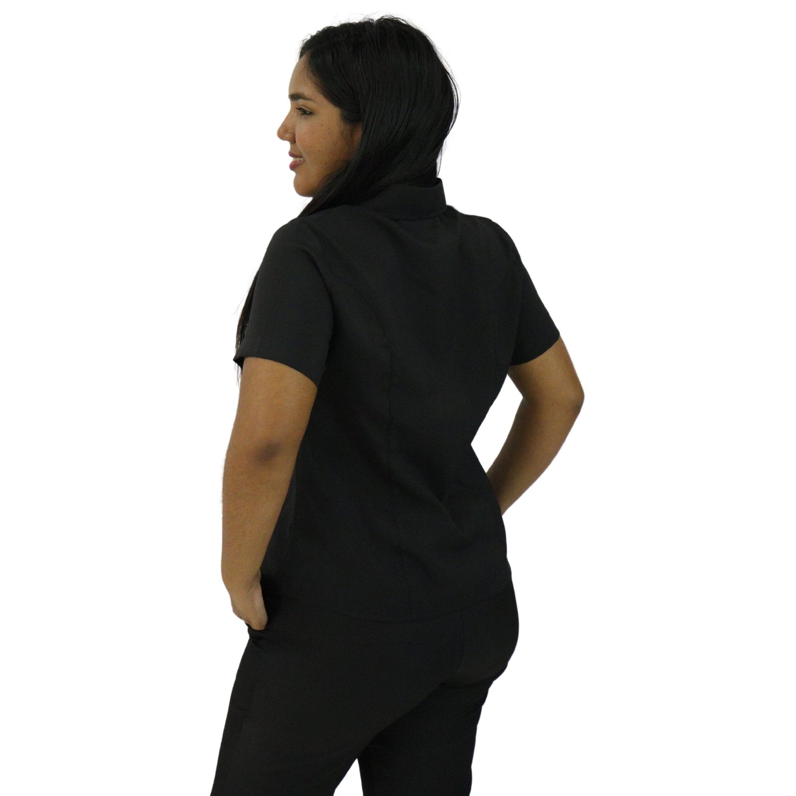 00003 Camisa feminina social clássica manga curta oxfordine preto - Imagem 3