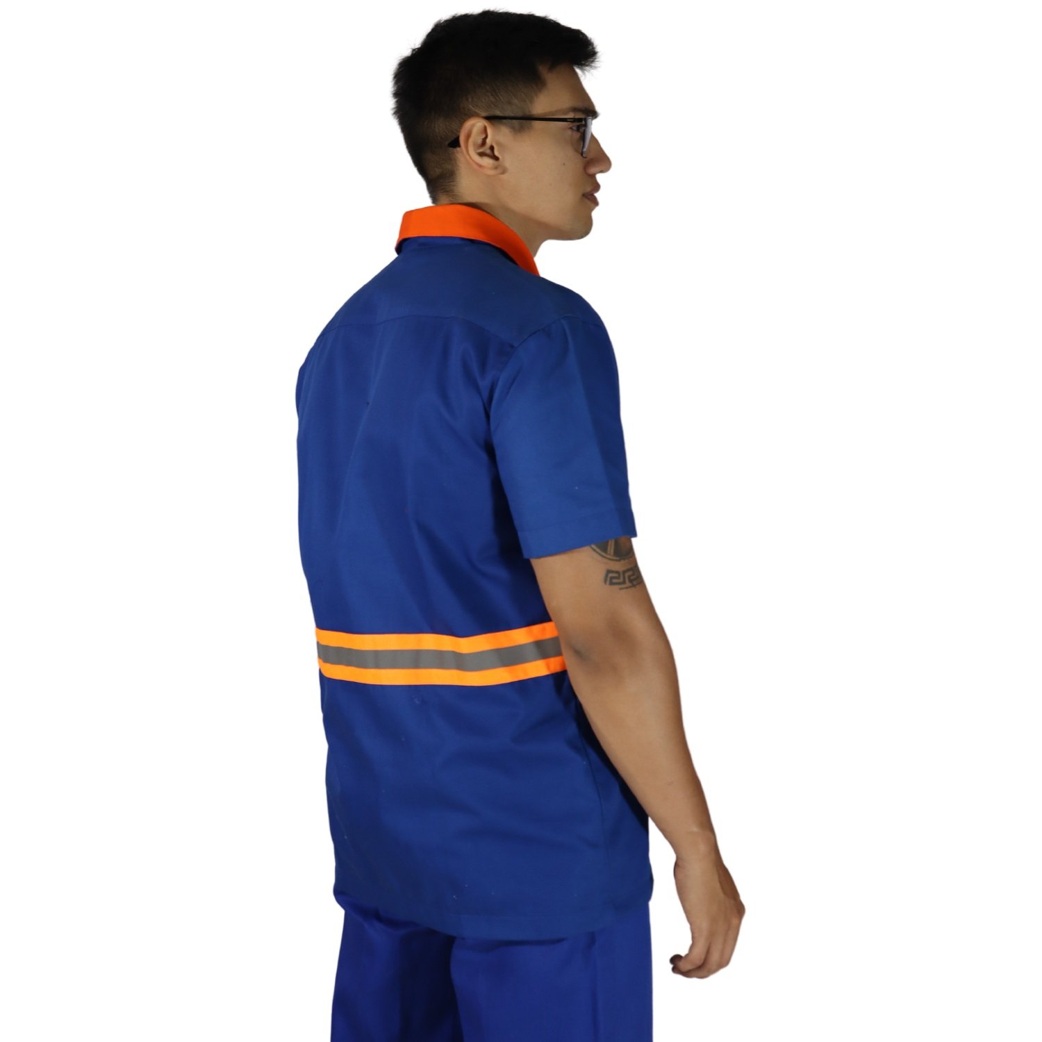 0003 Camisa masculina de serviço manga curta com bolso brim azul royal e laranja - Imagem 3