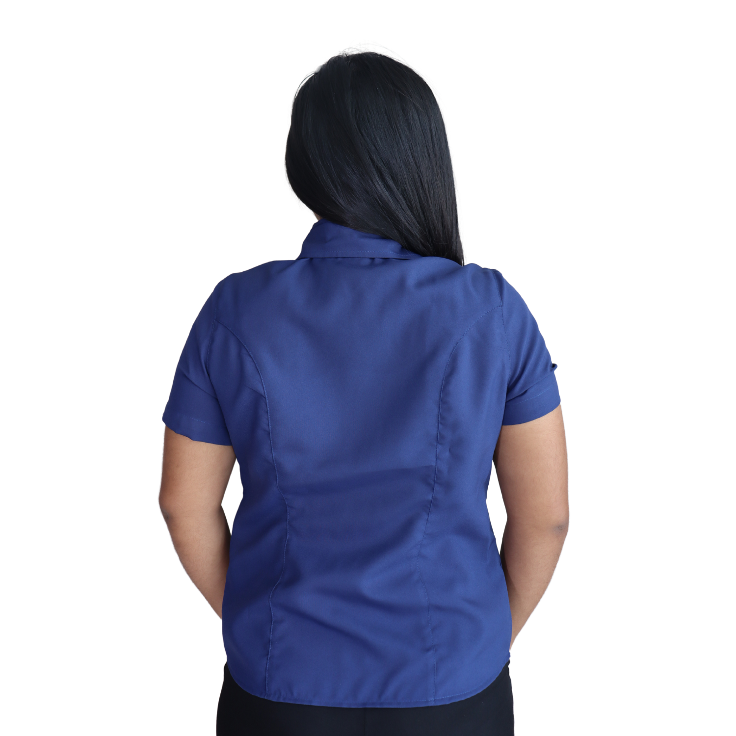 0003 Camisa feminina social clássica manga curta oxfordine azul marinho - Imagem 3