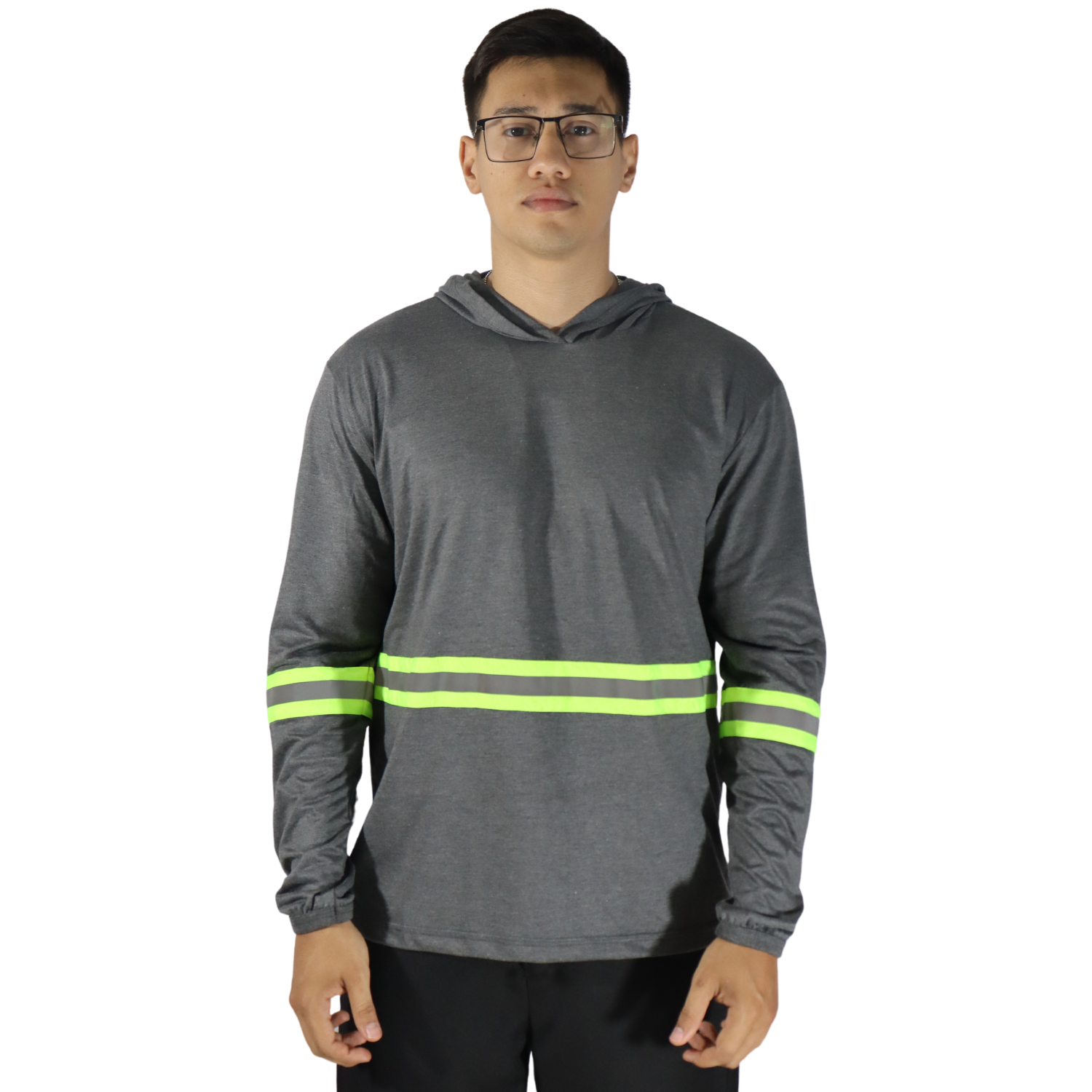 1 Camiseta masculina manga longa com capuz e faixa refletiva meia malha pv mescla escuro - Imagem 1