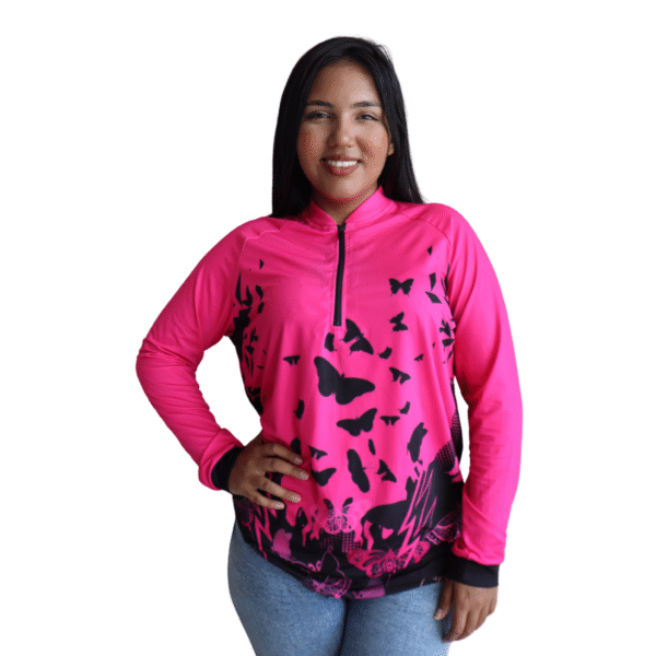 Camiseta feminina raglan manga longa com zíper aerodry rosa pink e preto com borboletas