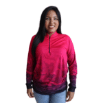 Camiseta feminina raglan manga longa com zíper aerodry camuflado gradiente rosa pink e preto