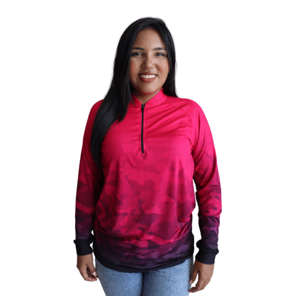 Camiseta feminina raglan manga longa com zíper aerodry camuflado gradiente rosa pink e preto