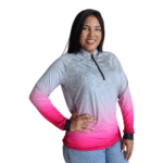 Camiseta feminina raglan manga longa com zíper aerodry camuflado gradiente cinza claro e rosa pink - Imagem 2