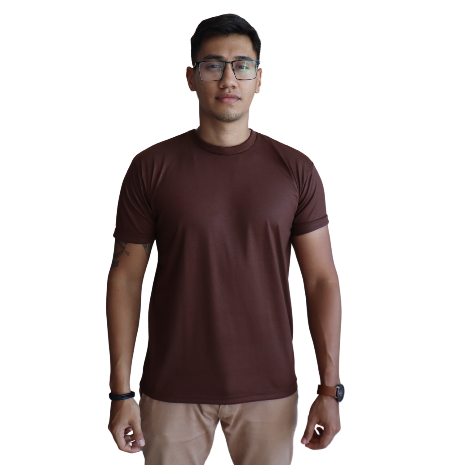 1 Camiseta masculina clássica manga curta gola careca meia malha pes marrom - Imagem 1