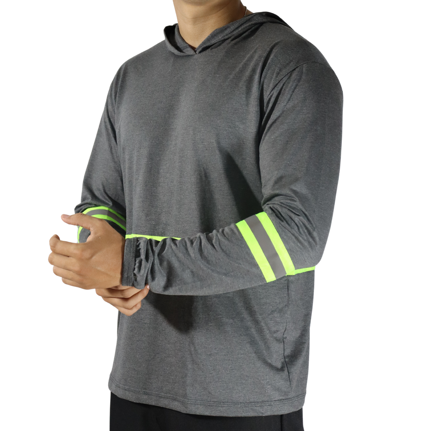 2 Camiseta masculina manga longa com capuz e faixa refletiva meia malha pv mescla escuro - Imagem 4