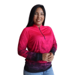 Camiseta feminina raglan manga longa com zíper aerodry camuflado gradiente rosa pink e preto - Imagem 2