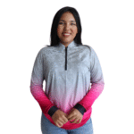 Camiseta feminina raglan manga longa com zíper aerodry camuflado gradiente cinza claro e rosa pink