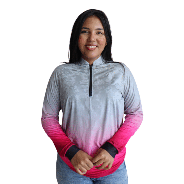 Camiseta feminina raglan manga longa com zíper aerodry camuflado gradiente cinza claro e rosa pink