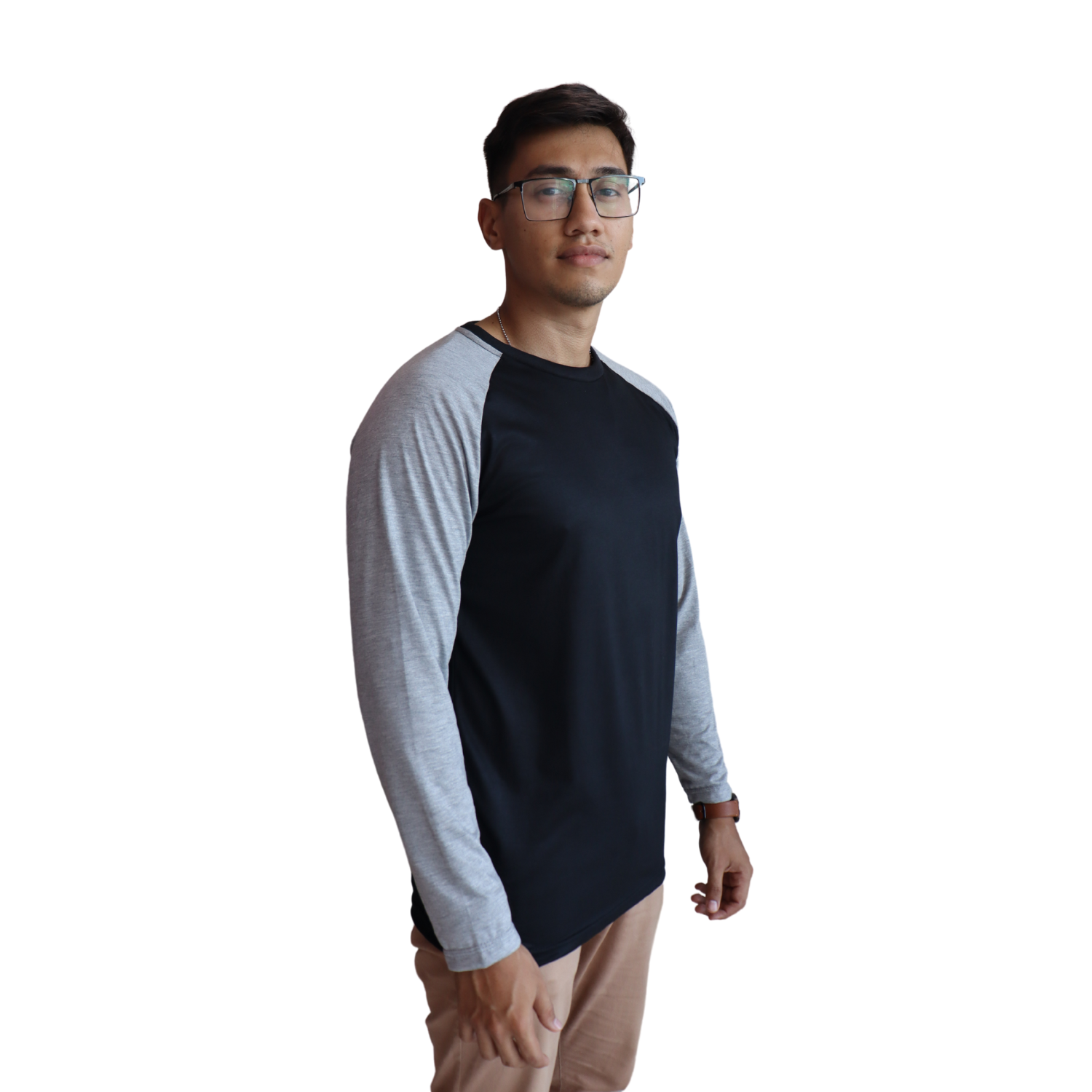 2 Camiseta masculina raglan manga longa malha pv preto e mesclas cinza - Imagem 2