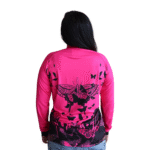 Camiseta feminina raglan manga longa com zíper aerodry rosa pink e preto com borboletas - Imagem 3