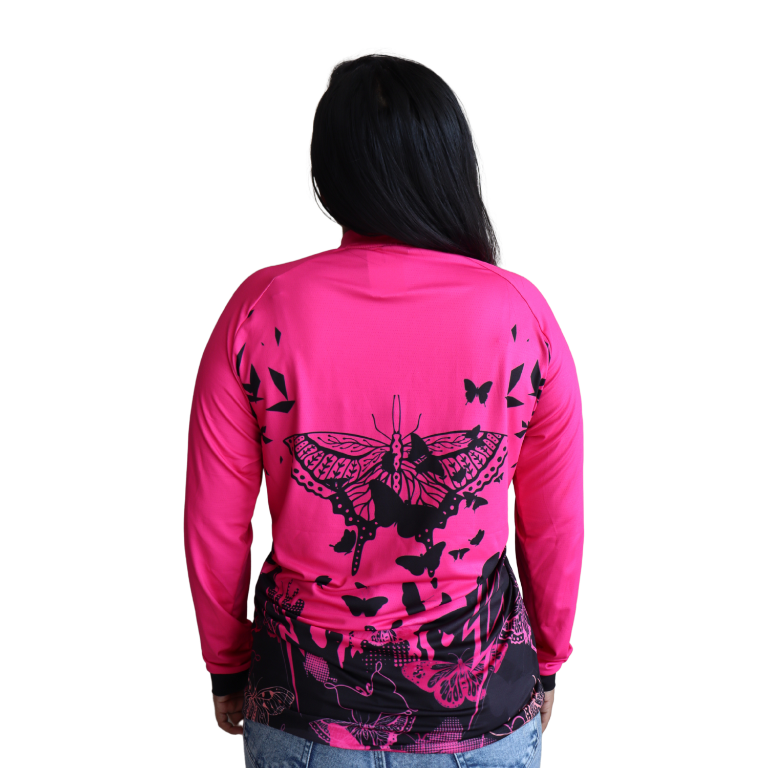 3 Camiseta feminina raglan manga longa com zíper aerodry rosa pink e preto com borboletas - Imagem 3