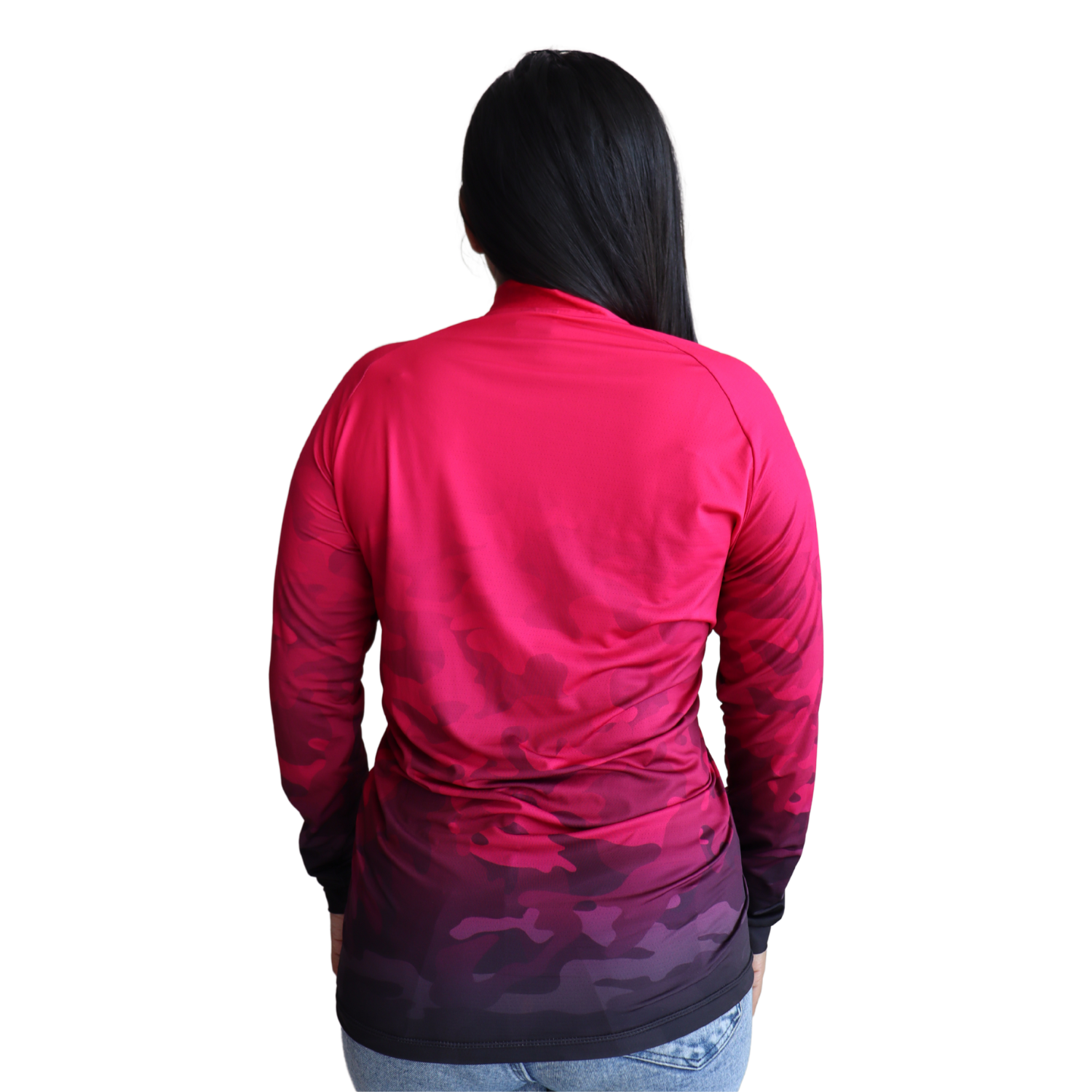 3 Camiseta feminina raglan manga longa com zíper aerodry camuflado gradiente rosa pink e preto - Imagem 3