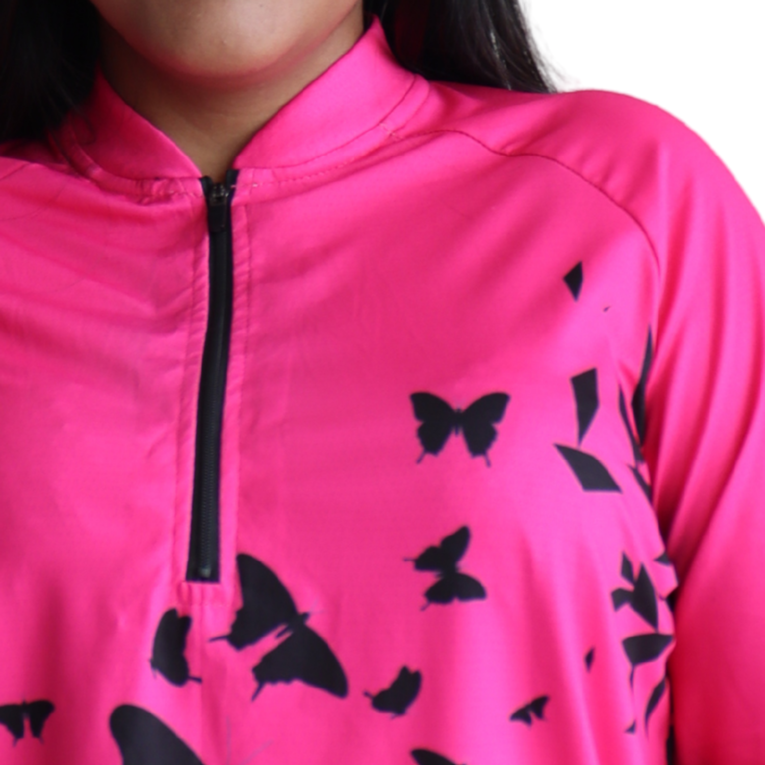 4 Camiseta feminina raglan manga longa com zíper aerodry rosa pink e preto com borboletas - Imagem 4