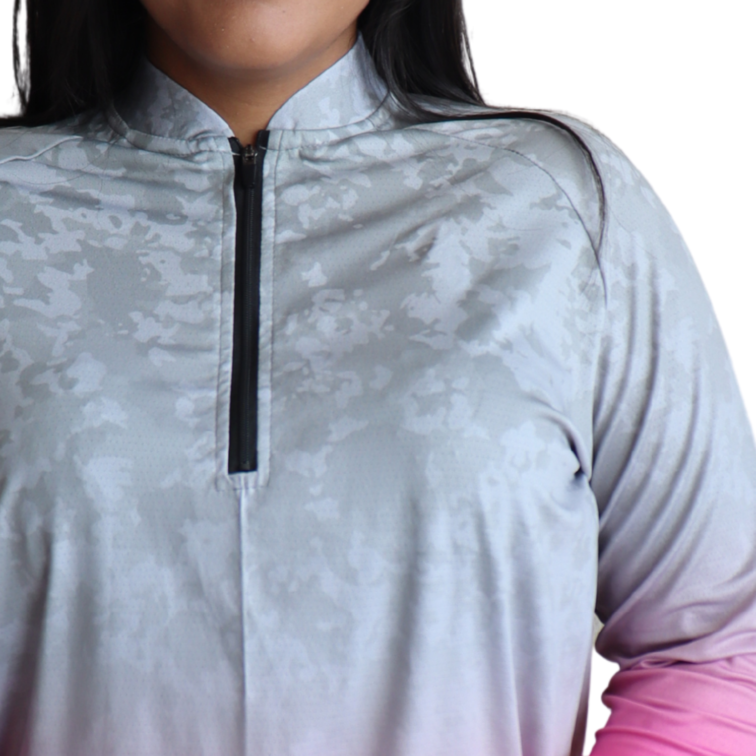 4 Camiseta feminina raglan manga longa com zíper aerodry camuflado gradiente cinza claro e rosa pink - Imagem 4
