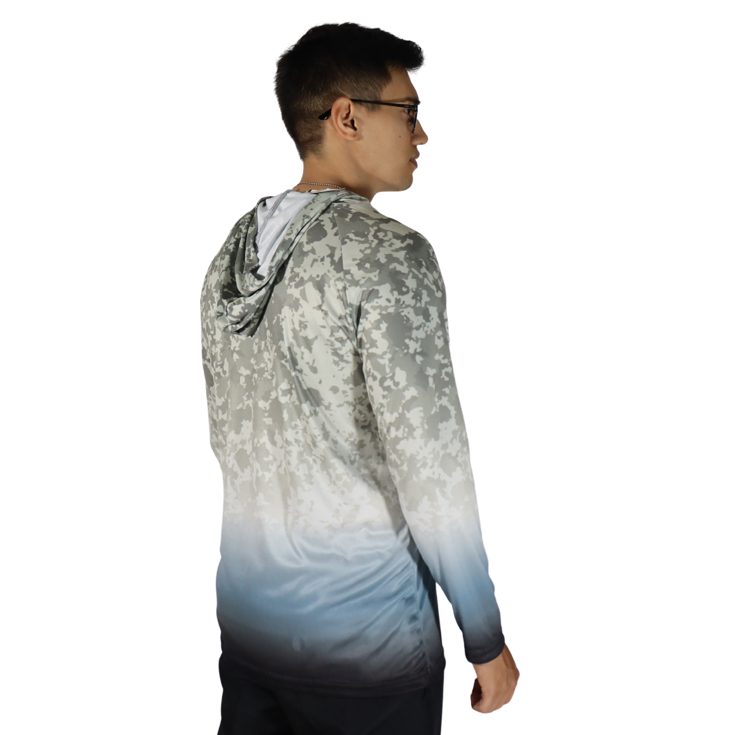 4 Camiseta masculina com capuz manga longa dryfit branca com cinza camuflado - Imagem 4