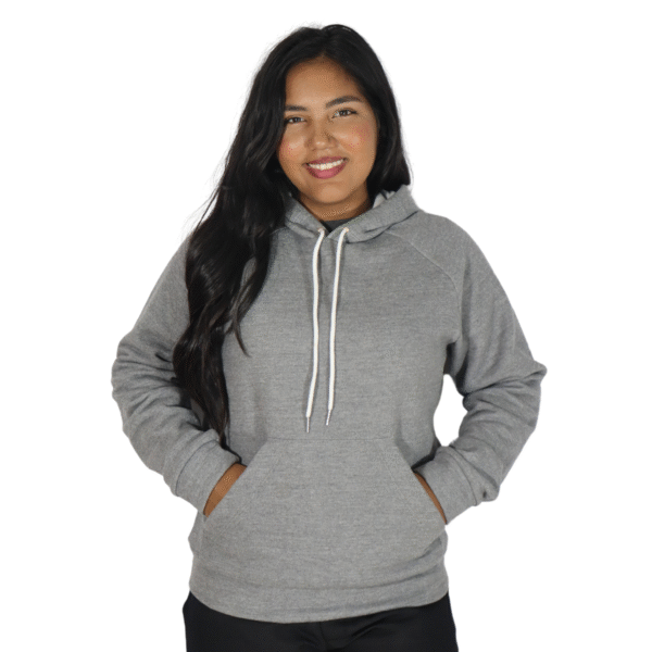 Agasalho feminino raglan com capuz bolso canguru moletom cinza mescla escuro