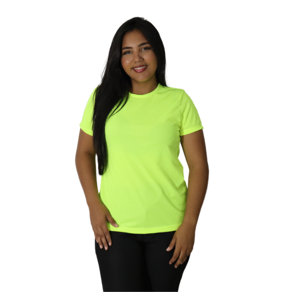 Camiseta feminina fit manga curta gola mesmo tecido cacharrel amarelo fluor