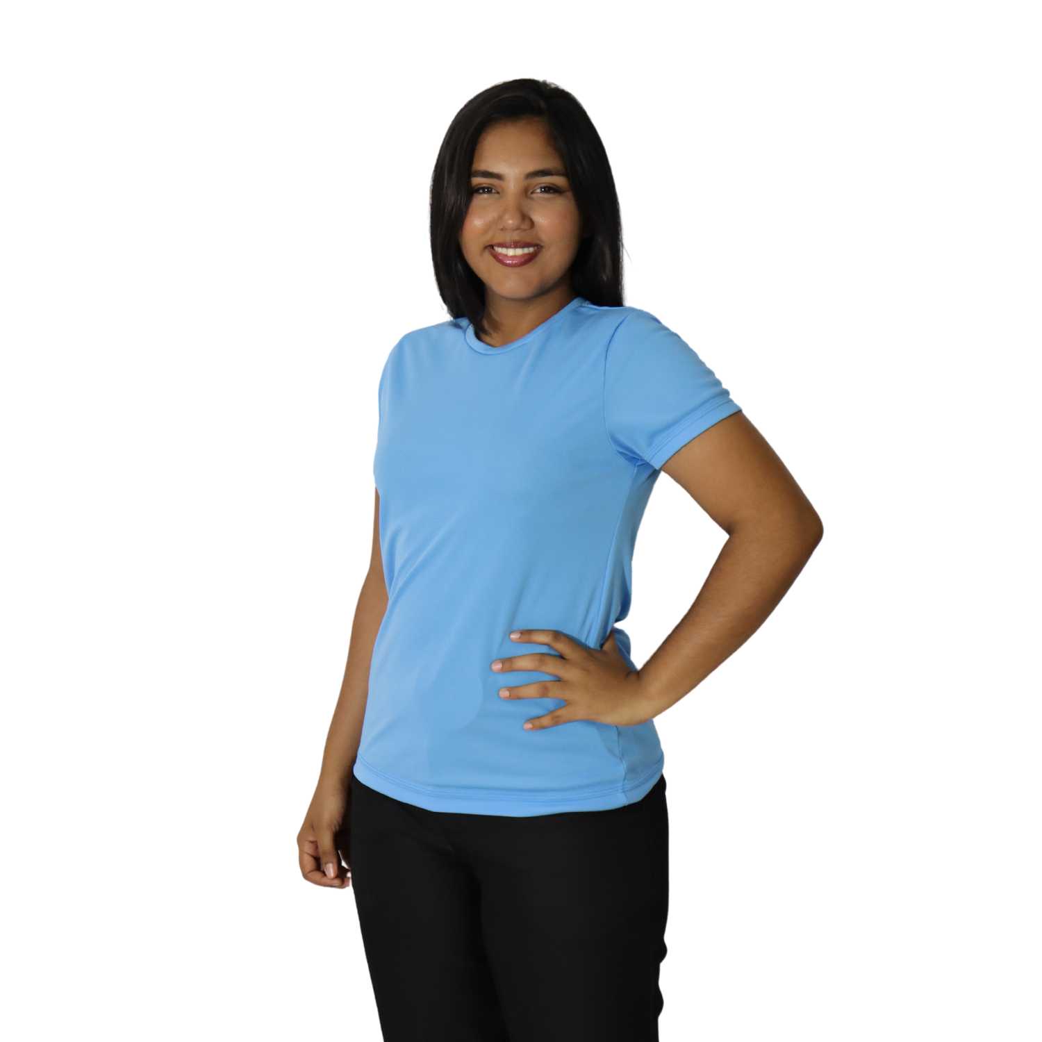 Camiseta feminina fit manga curta gola mesmo tecido cacharrel azul celeste Camiseta feminina fit manga curta gola mesmo tecido cacharrel azul celeste - Imagem 2