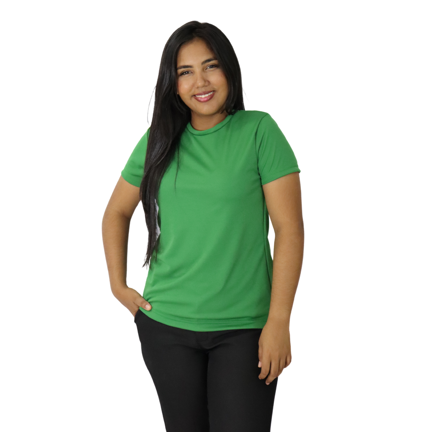 Camiseta feminina fit manga curta gola mesmo tecido cacherrel verde Camiseta feminina fit manga curta gola mesmo tecido cacharrel verde bandeira - Imagem 1
