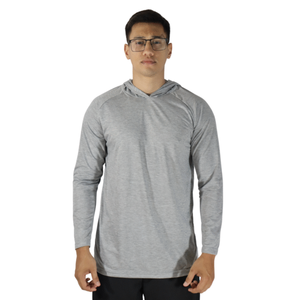 Camiseta masculina com capuz manga longa meia malha pv cinza mescla claro