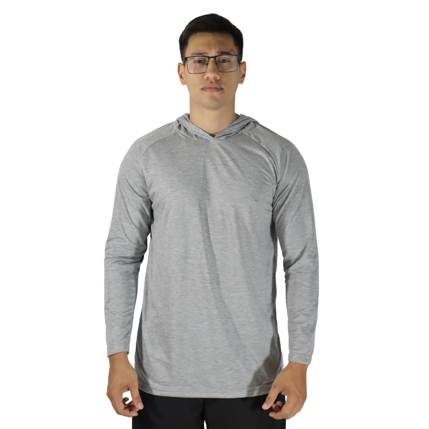 Camiseta masculina com capuz manga longa meia malha pv cinza claro Camiseta masculina com capuz manga longa meia malha pv cinza mescla claro - Imagem 1