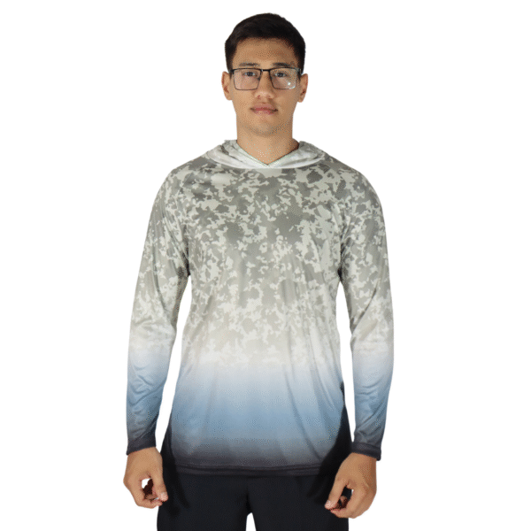 Camiseta masculina com capuz manga longa dryfit branca com cinza camuflado