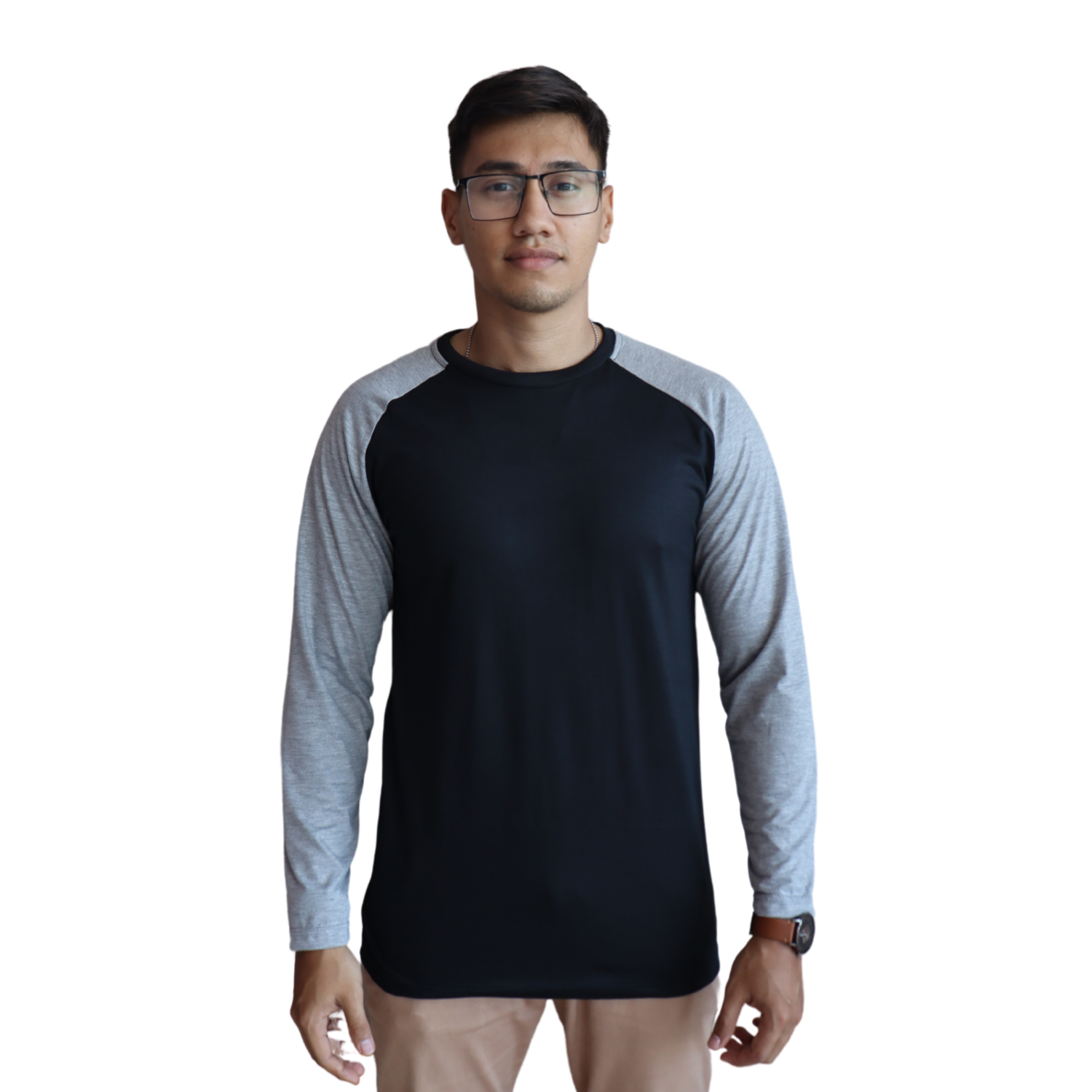 Camiseta masculina raglan manga longa malha pv preto e mesclas cinza Camiseta masculina raglan manga longa malha pv preto e mesclas cinza - Imagem 1