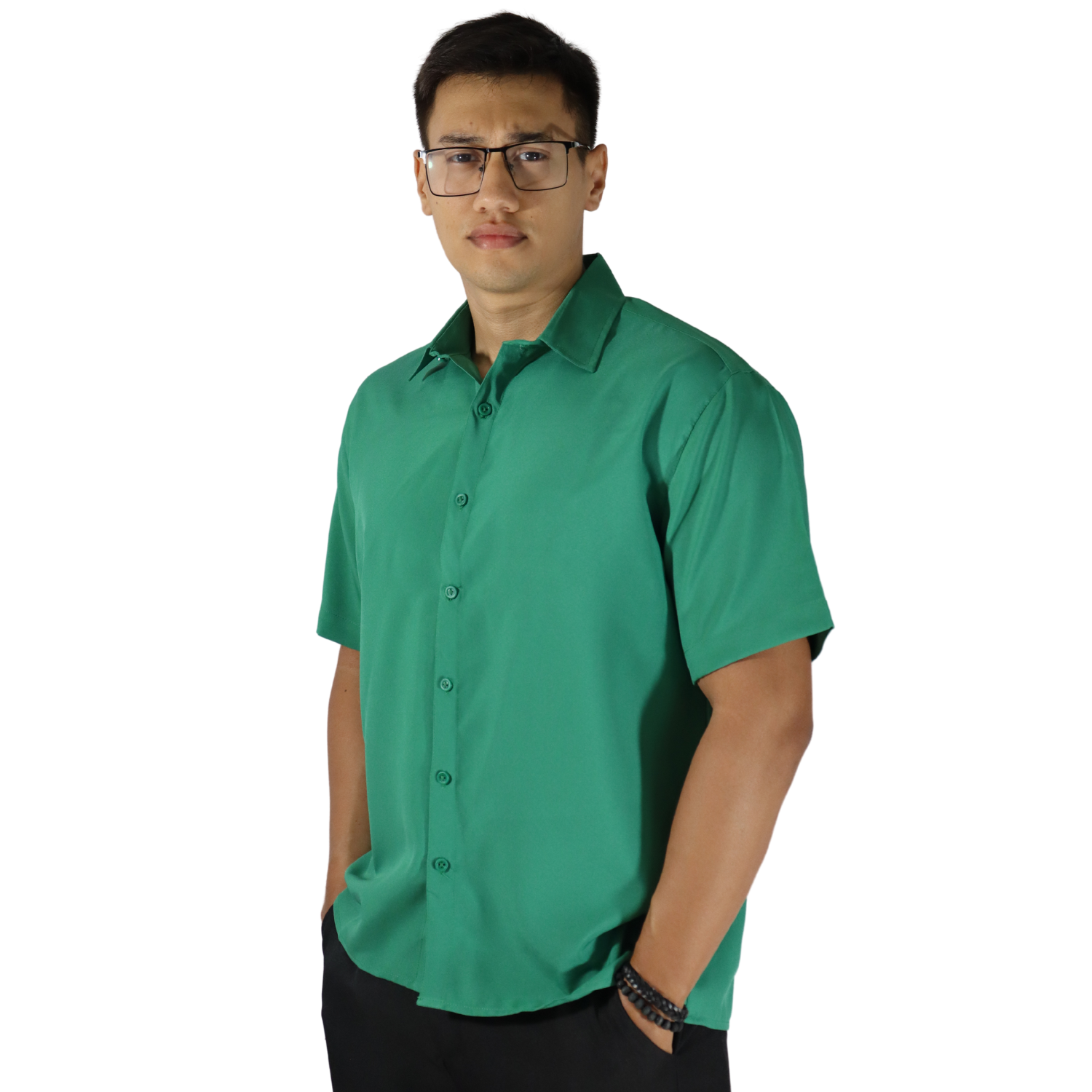 img (2) Camisa masculina social clássica manga curta sem bolso oxfordine verde bandeira - Imagem 3