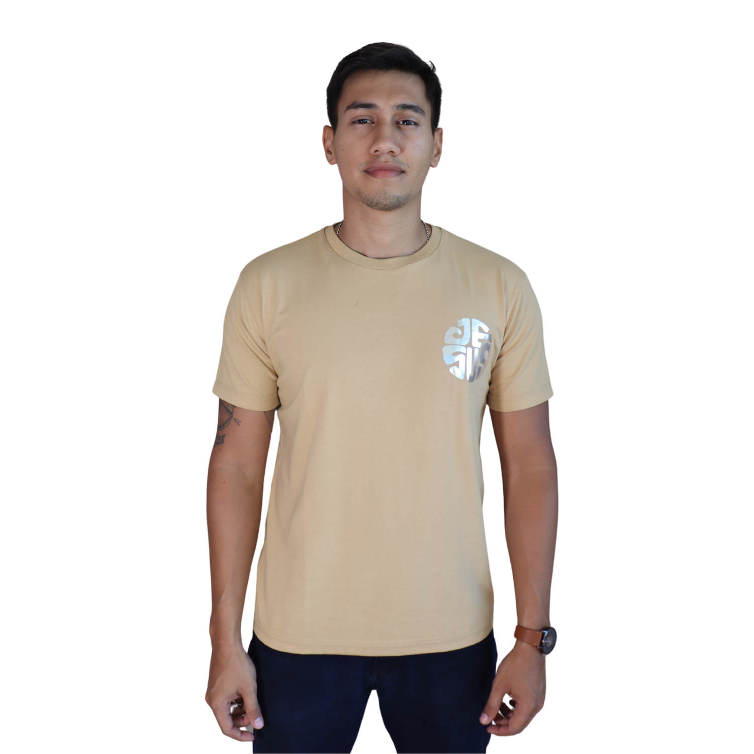 1 Camiseta masculina Jesus algodão menegotti caqui vinil prata - Imagem 1