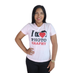 Camiseta feminina I love photo graphy malha pv rosa