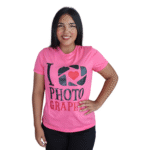 Camiseta feminina I love photo graphy meia malha pv rosa pink