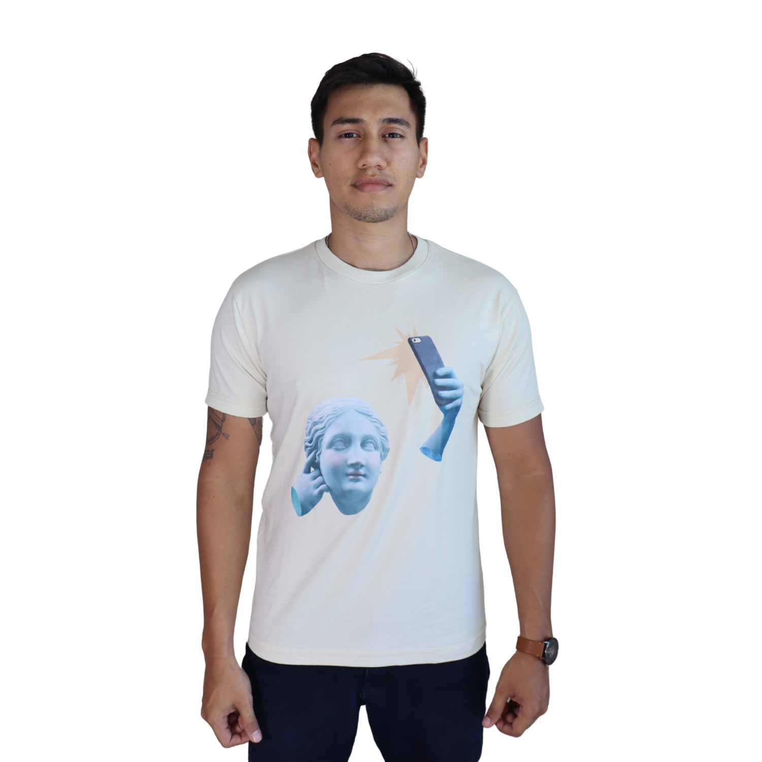 1 Camiseta masculina Estátua Selfie algodão menegotti off white - Imagem 1