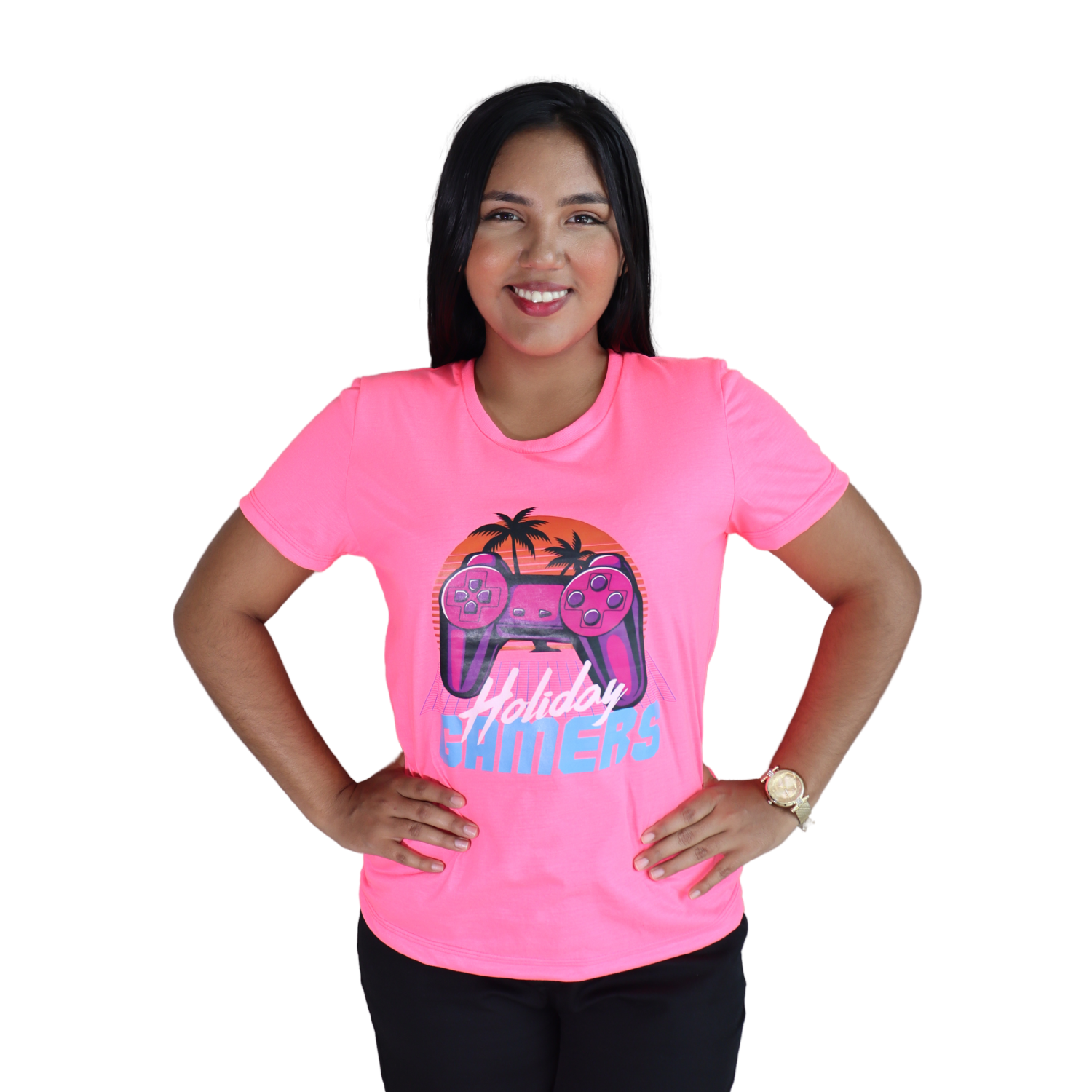 1 Camiseta feminina Holiday Gamers malha pv rosa neon - Imagem 1