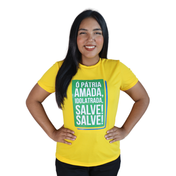 Camiseta feminina Hino nacional cacharrel amarelo ouro