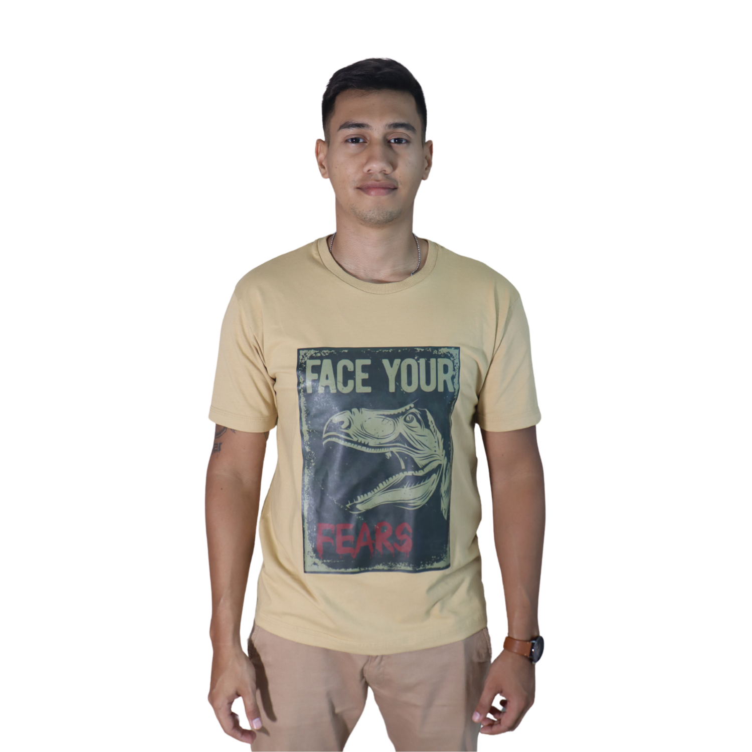 1 Camiseta masculina Face Your Fears algodão menegotti caqui - Imagem 1