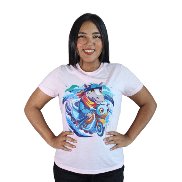 Camiseta feminina MotoPônei malha pv rosa