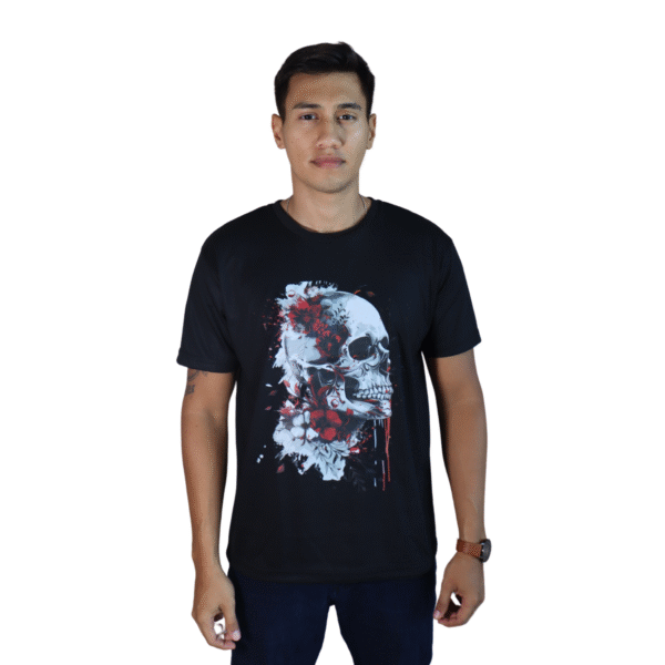 Camiseta masculina Crânio Florido malha pes preto